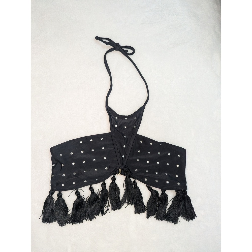 Beach Riot Black‎ Rhinestone Tassel Halter Bikini Top Festival Swimwear Medium